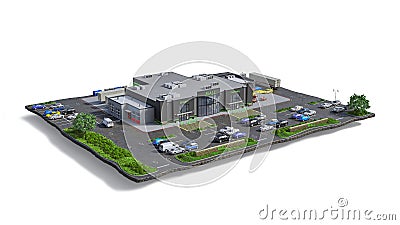 Mall on a white background with the adjacent territory: parking, car service, restaurant located on the island. Cartoon Illustration