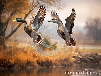 Mallard Ducks Flying Over the Autumn Countryside Cartoon Illustration