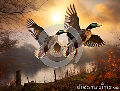 Mallard Ducks Flying Over the Autumn Countryside Cartoon Illustration