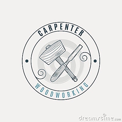 mallet and chisel line art logo vector with emblem illustration template design for carpentry Vector Illustration