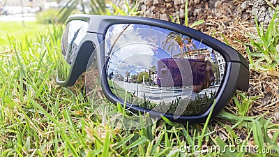 Mallorca's Gem: Palma Cathedral Reflection in Sunglasses Stock Photo