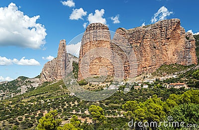 Mallos de Riglos with fields Stock Photo