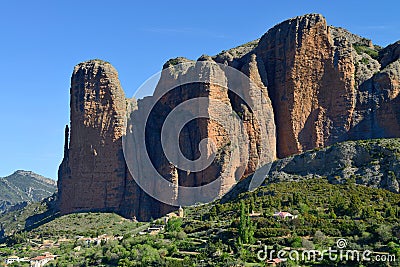 The Mallos de Riglos, set of conglomerate rock formations near H Stock Photo