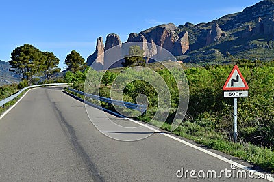 The Mallos de Riglos, set of conglomerate rock formations near H Stock Photo