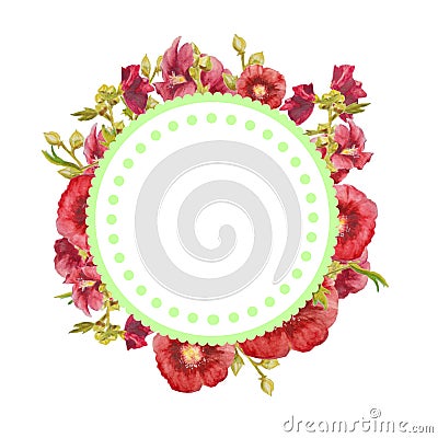 Mallow plant isolated on white background.Round frame for text Cartoon Illustration