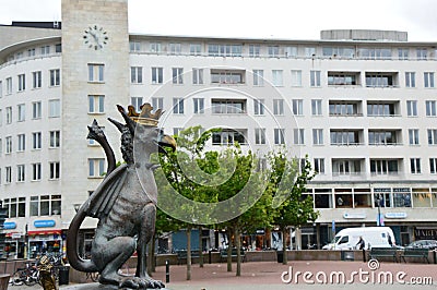 MALMO, SWEDEN - MAY 31, 2107: Gryphon in the center of Malmo in Gustav Adolfs Torg square with trees and a great white building Editorial Stock Photo