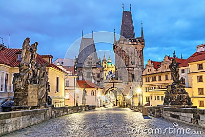 Malostranska tower on Charles bridge in Pragu Stock Photo