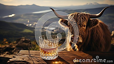 malt whisky in a whisky glass, in the background a Scottish landscape Stock Photo