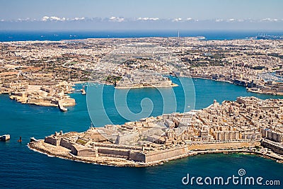 Malta aerial view. Valetta, capital city of Malta, Grand Harbour, Kalkara, Senglea and Vittoriosa towns, Fort Ricasoli. Stock Photo
