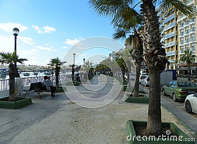 Malta, Gzira, palms on the embankment of the Marsamxett Harbour (Triq Ix - Xatt Editorial Stock Photo