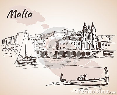 Malta island old buildings sketch. Vector Illustration