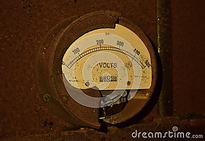 A rusting and damaged voltage meter or gauge. Now broken and abandoned. Editorial Stock Photo