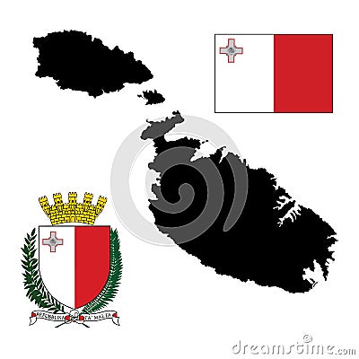 Malta map silhouette, Malta coat of arms, seal, national emblem. Vector Malta flag. Stock Photo