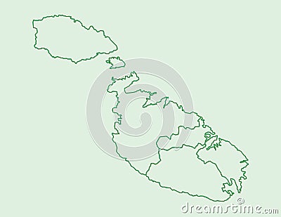 Malta map vector with regions or districts using green line borders on light background Vector Illustration