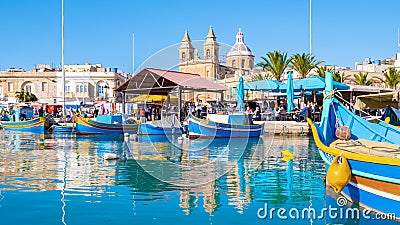 Malta Marsaxlokk harbor fishing boats colorful Malta Editorial Stock Photo