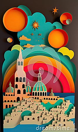 Malta, paper art collage, vibrant layered colored paper, travel card, AI generative Cartoon Illustration