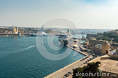Malta, Valletta, August 2019. Grand harbor with moored ships. Editorial Stock Photo