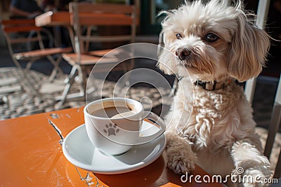 maltese with a decaf on a sunny cafe patio Stock Photo
