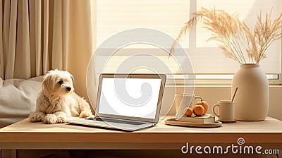 Maltese dog looking at screen ai generated laptop template Stock Photo