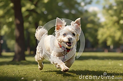 Maltese lapdog play in summer park Stock Photo