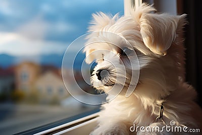 Maltese puppy sits on the windowsill, observing the world outside Stock Photo