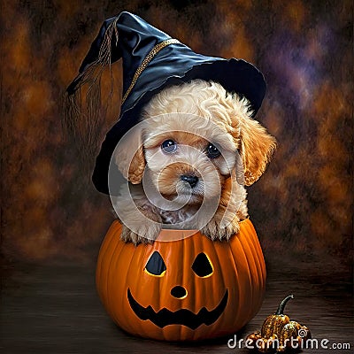 Cute Maltipoo Puppy on Halloween Wearing a Witches Hat - Ai Generative Stock Photo