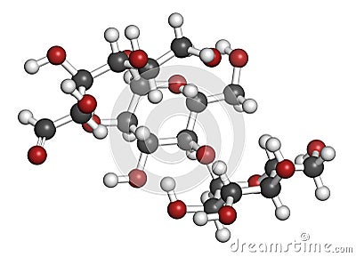 Maltodextrin food additive molecule. Atoms are represented as spheres with conventional color coding: hydrogen white, carbon . Stock Photo