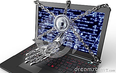 Malware attack concept padlock with robothand Cartoon Illustration