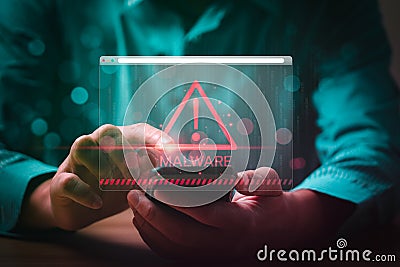 Malware concept with person using smartphone and computer, hack password and personal data. cybercriminals, hackers, Viruses, Stock Photo