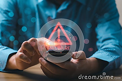Malware concept with person using smartphone and computer, hack password and personal data. cybercriminals, hackers, Viruses, Stock Photo