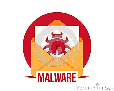 Malware by email vector icon. Virus in the letter. Virus, malware, email fraud, e-mail spam, phishing scam, hacker attack concept Vector Illustration