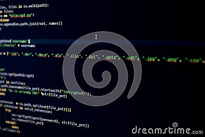 Malware source code encrypt specific type of files Stock Photo