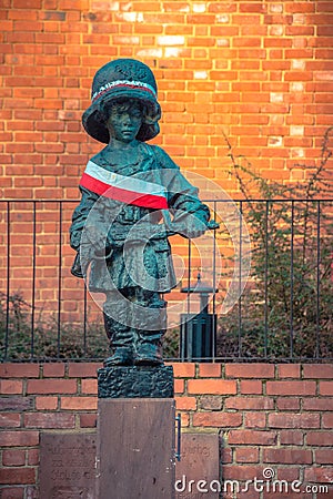 Maly Powstaniec the Little Insurrectionist is a statue in memory of the child soldiers. Editorial Stock Photo