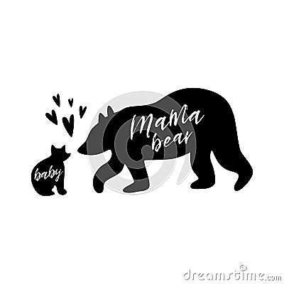Mama bear. Baby bear. Love black bear family print. Simple bear silhouette for mothers day, cute t-shirt design Vector Cartoon Illustration
