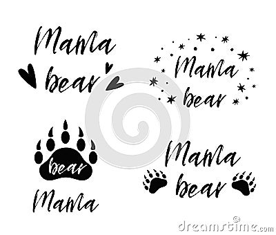 Mama bear text collection. Black paw symbol. Simple mama bear set. cute mothers and baby icon. Vector Vector Illustration