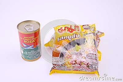 Mama brand instant noodles and canned fish in tomato sauce Editorial Stock Photo