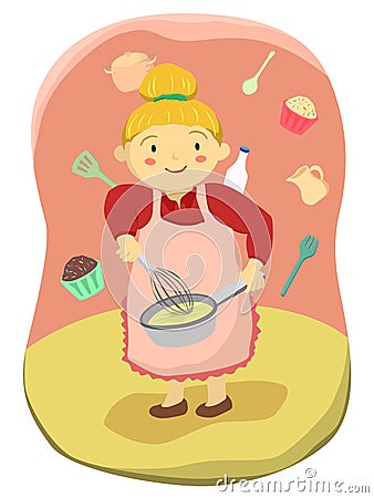 Mama is cooking and mixing dough with a whisk Vector Illustration