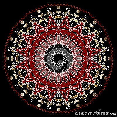 Mamdala. Ethnic style colorful floral mandala pattern with love hearts, swirls. Beautiful round ornament in black red white colors Vector Illustration