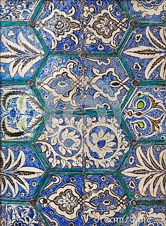 Mamluk era style glazed ceramic tiles decorated with floral ornamentations Stock Photo