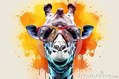 mammal wildlife zoo africa portrait sunglasses giraffe neck animal colorful. Generative AI. Stock Photo