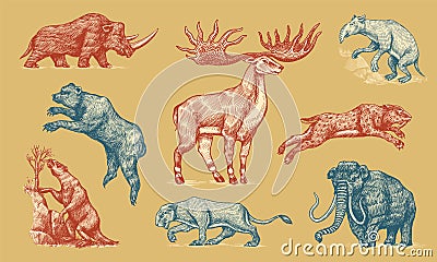 Mammoth or extinct elephant, Woolly rhinoceros Cave bear lion. Panthera Saber toothed tiger, Irish elk or deer, Ground Vector Illustration