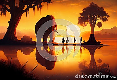 Mammoth hunting scene, at sunset by a lake. Stock Photo