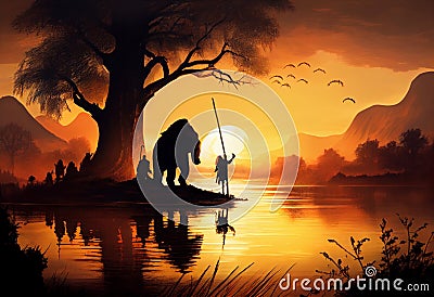 Mammoth hunting scene, at sunset by a lake. Stock Photo