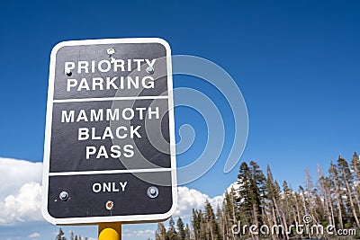 Sign for priority parking - Mammoth Black Pass for pass holders near the Main Lodge of Editorial Stock Photo