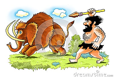 Mammoth neanderthal man primitive person spear hunting Stock Photo