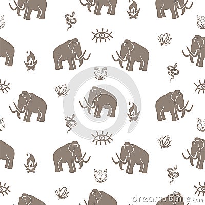 Mammoth seamless pattern with tiger and snake stone age theme background Vector Illustration