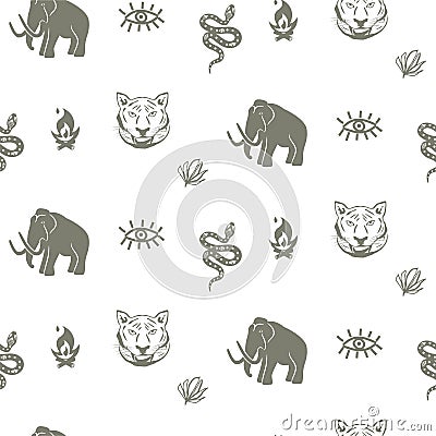 Mammoth seamless pattern with tiger and snake stone age theme background Vector Illustration