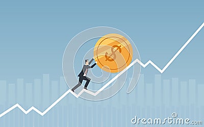 Businessman pushing golden dollar coin up over graph in flat icon design with chart and blue color background Vector Illustration