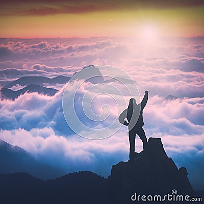 Man above the high mountain valley. Instagram stylization Stock Photo