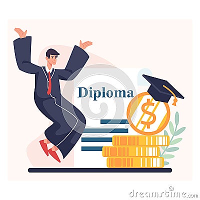 Man in academic dress jumping and celebrate graduation. Student getting diploma Vector Illustration